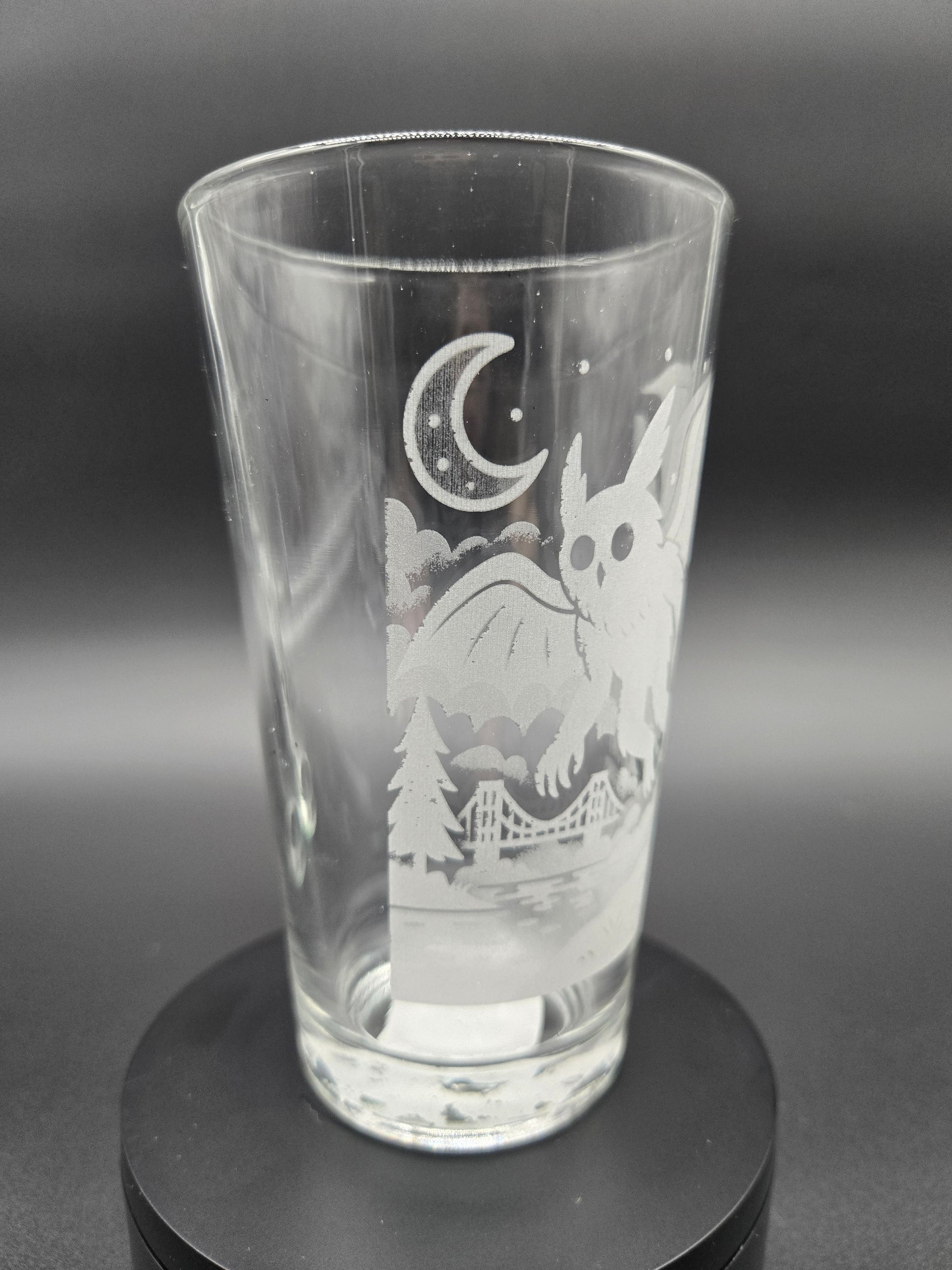 Engraved bar glass with Mothman cryptid design by Frozen Forge
