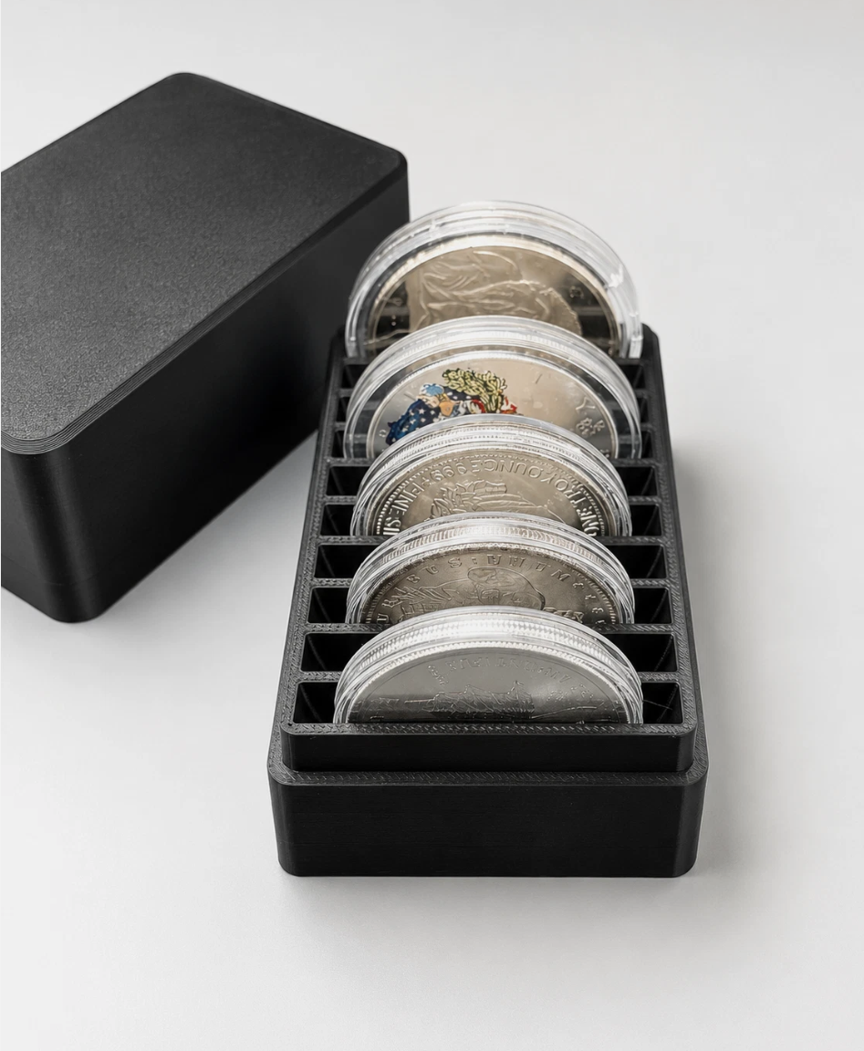 Silver Copper Coin Storage Box 1oz Rounds in Capsules 10 Slot Round Holder
