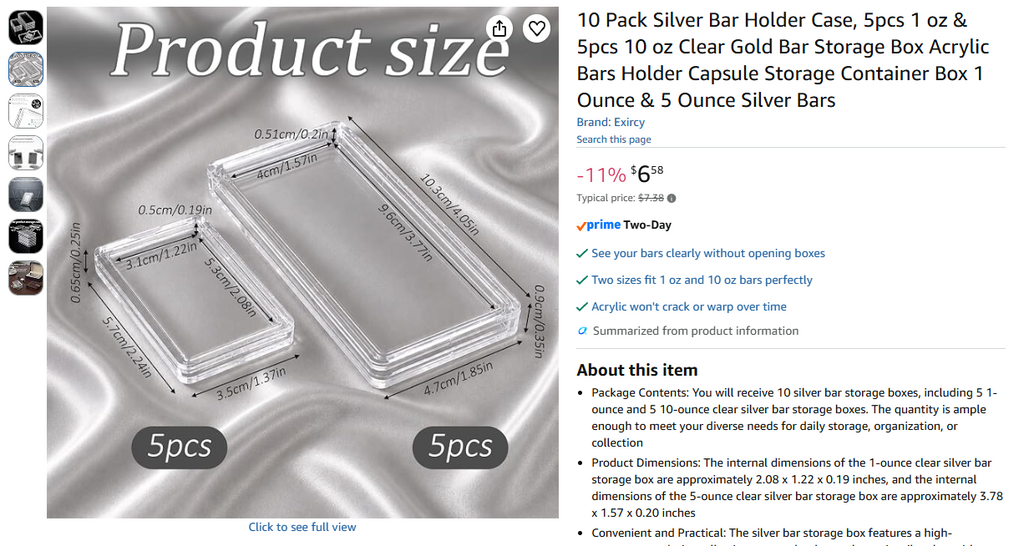 10oz Silver Bar Storage Box Holder - Holds 5x 10oz Bars