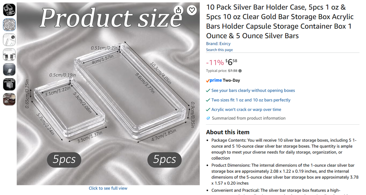 10oz Silver Bar Storage Box Holder - Holds 5x 10oz Bars