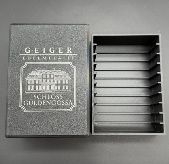10 Slot Geiger Edelmetalle Assay Storage Box 20g 1oz Silver Gold ENGRAVED