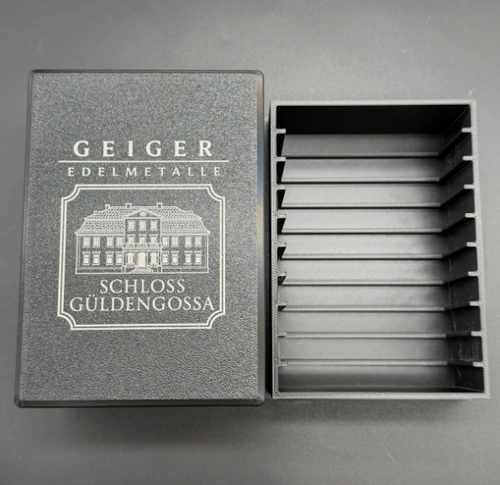10 Slot Geiger Edelmetalle Assay Storage Box 20g 1oz Silver Gold ENGRAVED