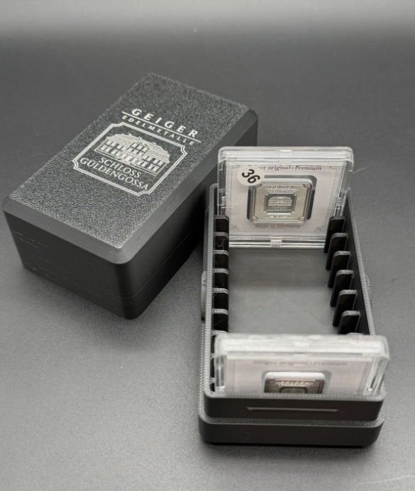 Geiger Edelmetalle Assay Storage Box Holds 10 - Fits 1g 5g 10g w Engraved Logo